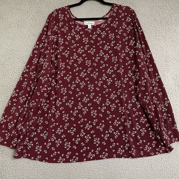 Kim Rogers Plus Stretch Blouse Maroon Floral Long Sleeve Button Cuff Top Work 3X - Picture 1 of 9